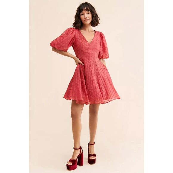 Rachel Parcell Anthropologie Flared Organza Dress Pink Polka Dot Women’s 4 - Picture 2 of 14